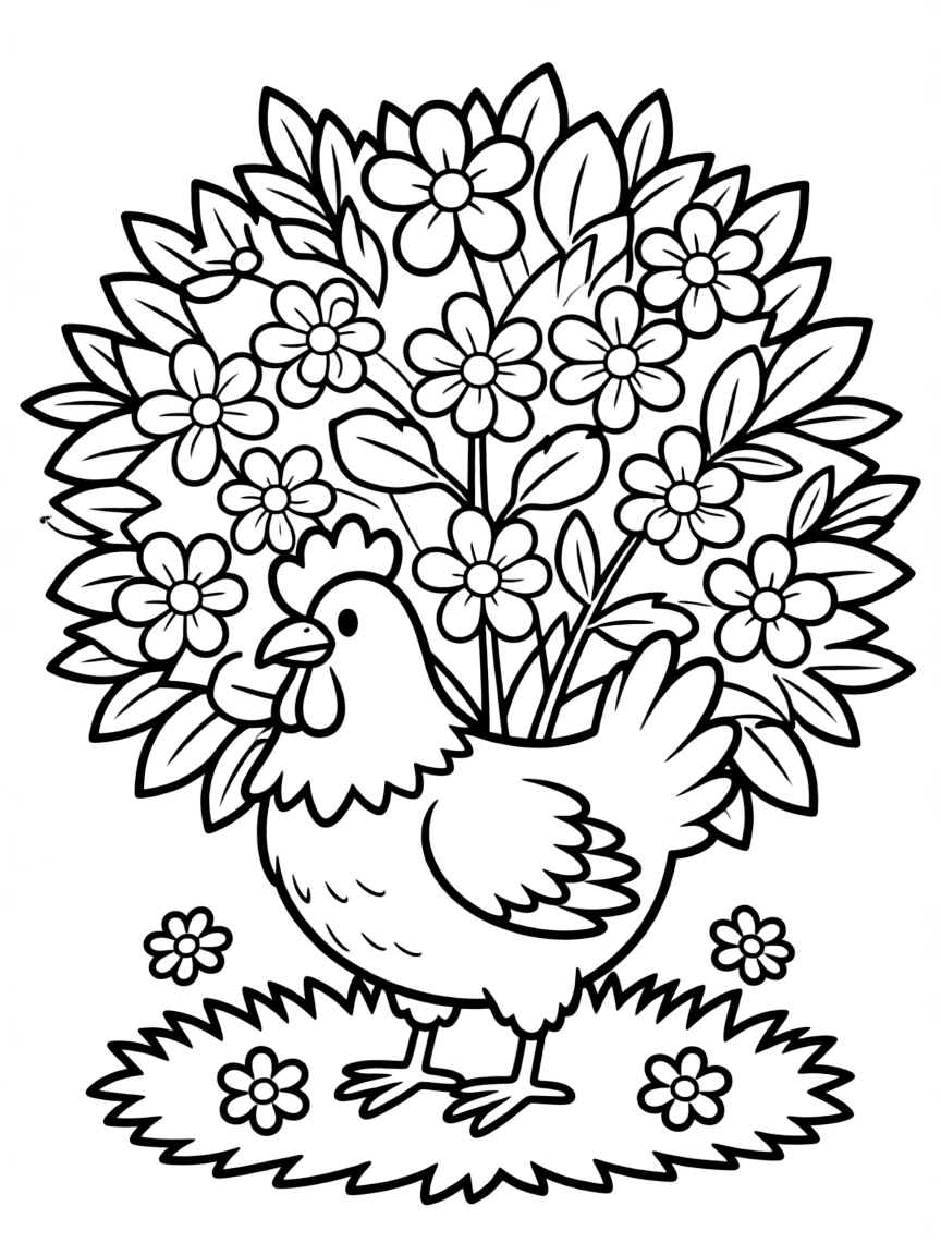 A chicken hiding underneath a flowering shrub
