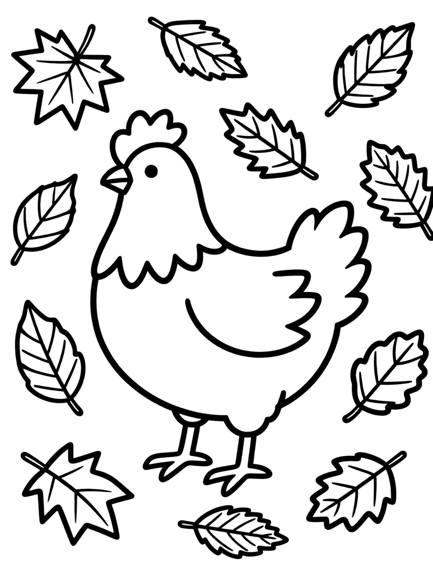 A chicken with autumn leaves scattered around it