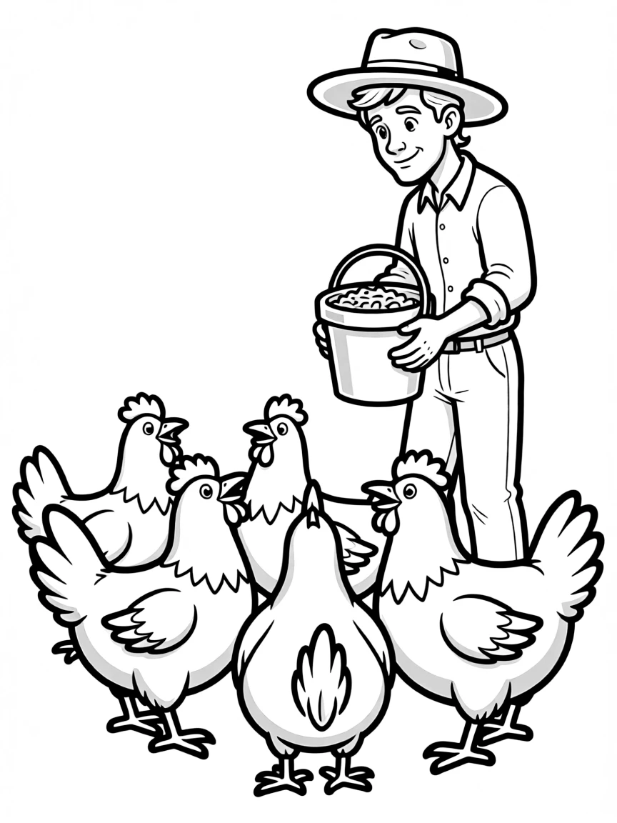 A group of chickens clustered around a farmer with feed