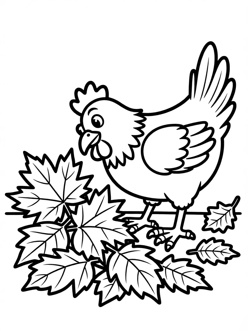 A chicken investigating a pile of fall leaves with curiosity