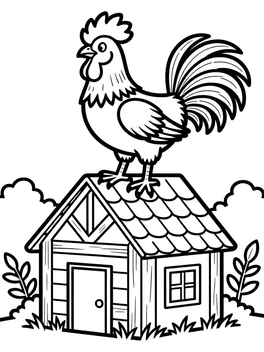 A rooster standing proudly on top of the farmhouse roof