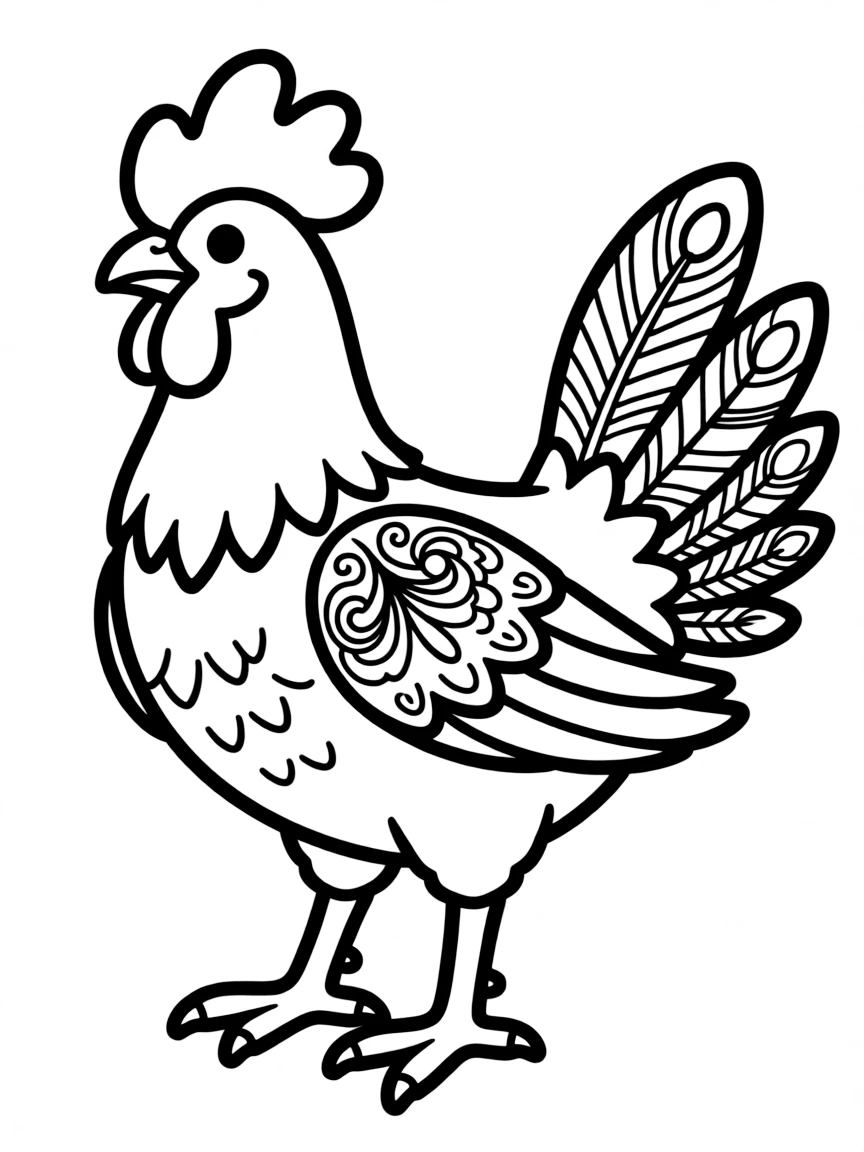 A chicken with elaborate feather patterns on its wings