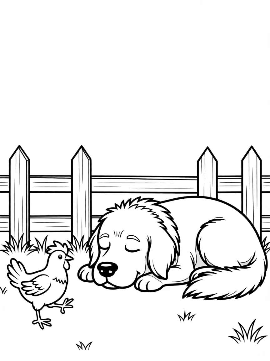 A chicken cautiously approaching a sleeping farm dog