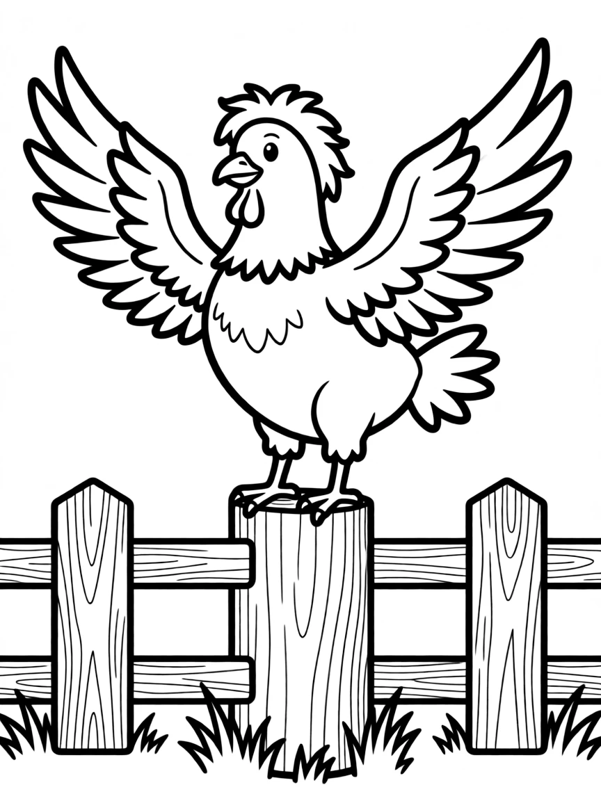 A chicken balancing on top of a fence post with wings outspread