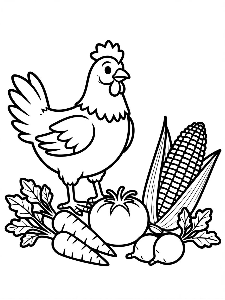 A chicken standing next to fresh vegetables from the garden