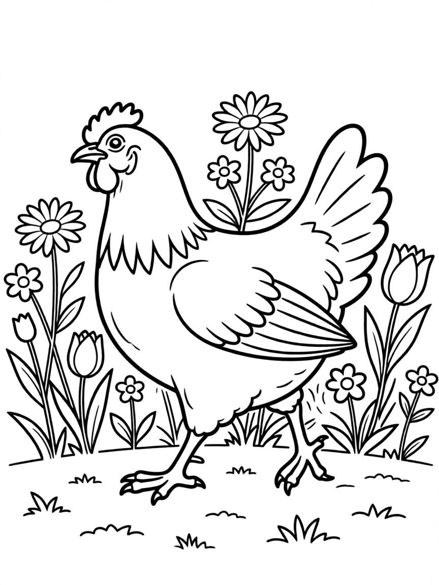 A chicken walking through a patch of wildflowers