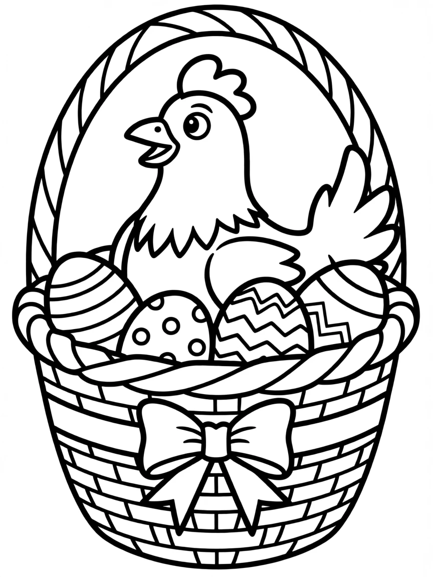 A chicken inside a decorated Easter basket with painted eggs