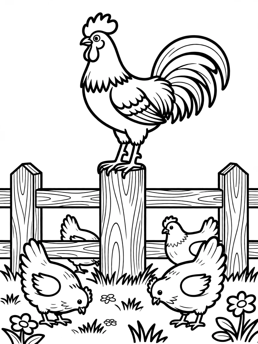 A rooster supervising his flock from an elevated perch