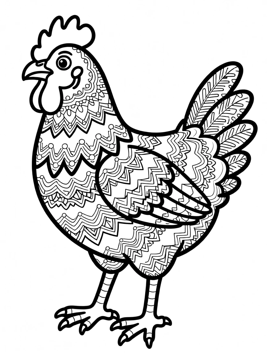 A chicken with intricate lace-like patterns on its feathers