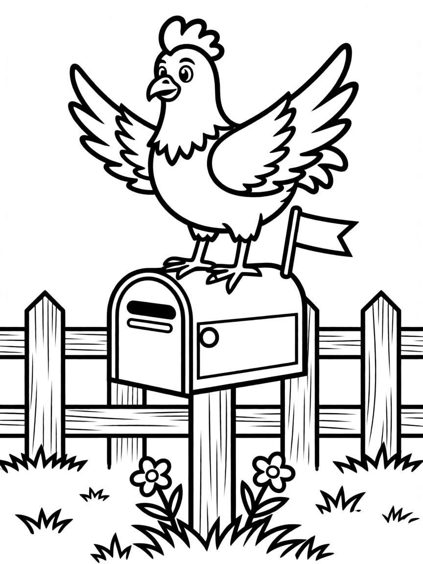 A chicken standing on top of a letterbox at the farm entrance