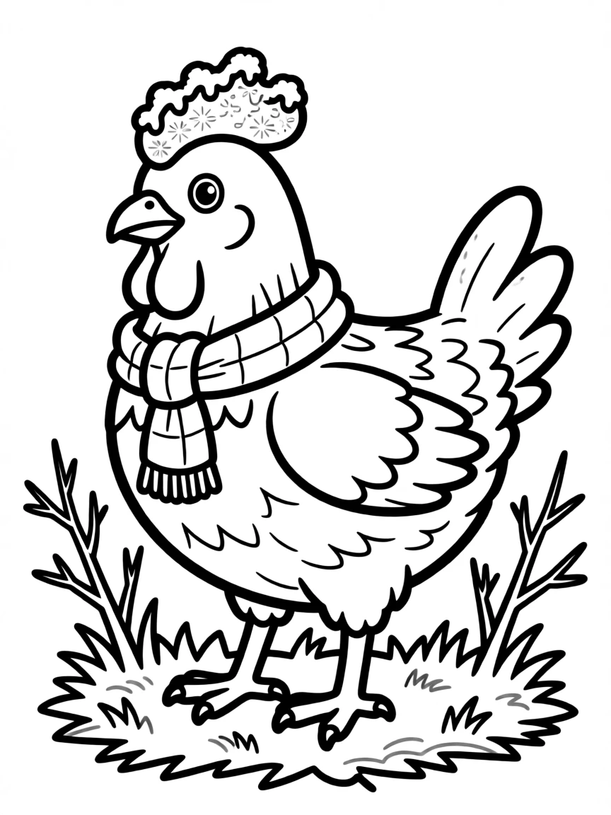 A chicken with frost on its comb on a cold morning