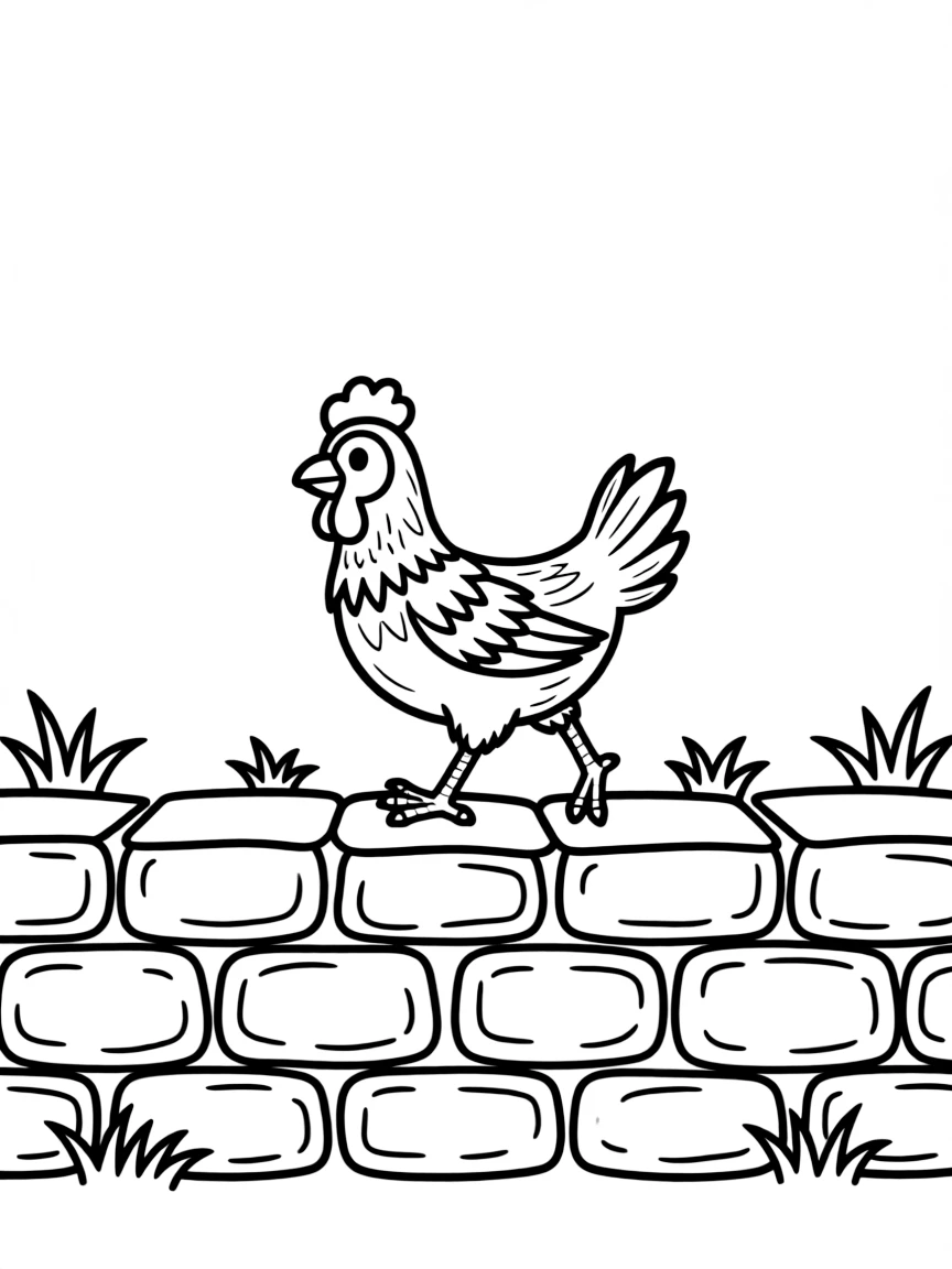 A chicken walking along the top of a stone wall
