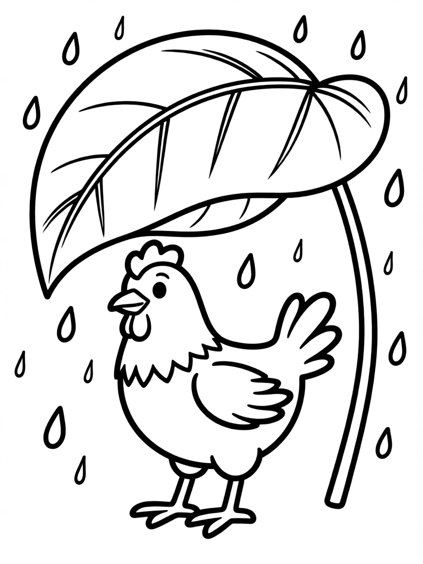 A chicken sheltering under a large leaf during a rainstorm