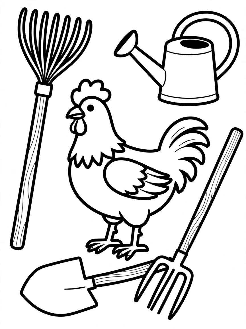 A chicken with farm tools artistically arranged around it