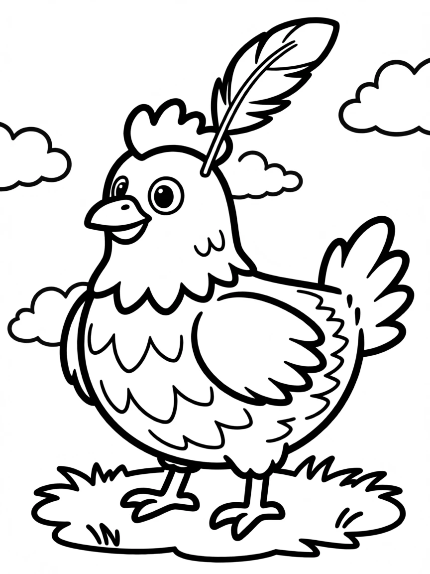 A chicken with a single feather sticking up comically on its head