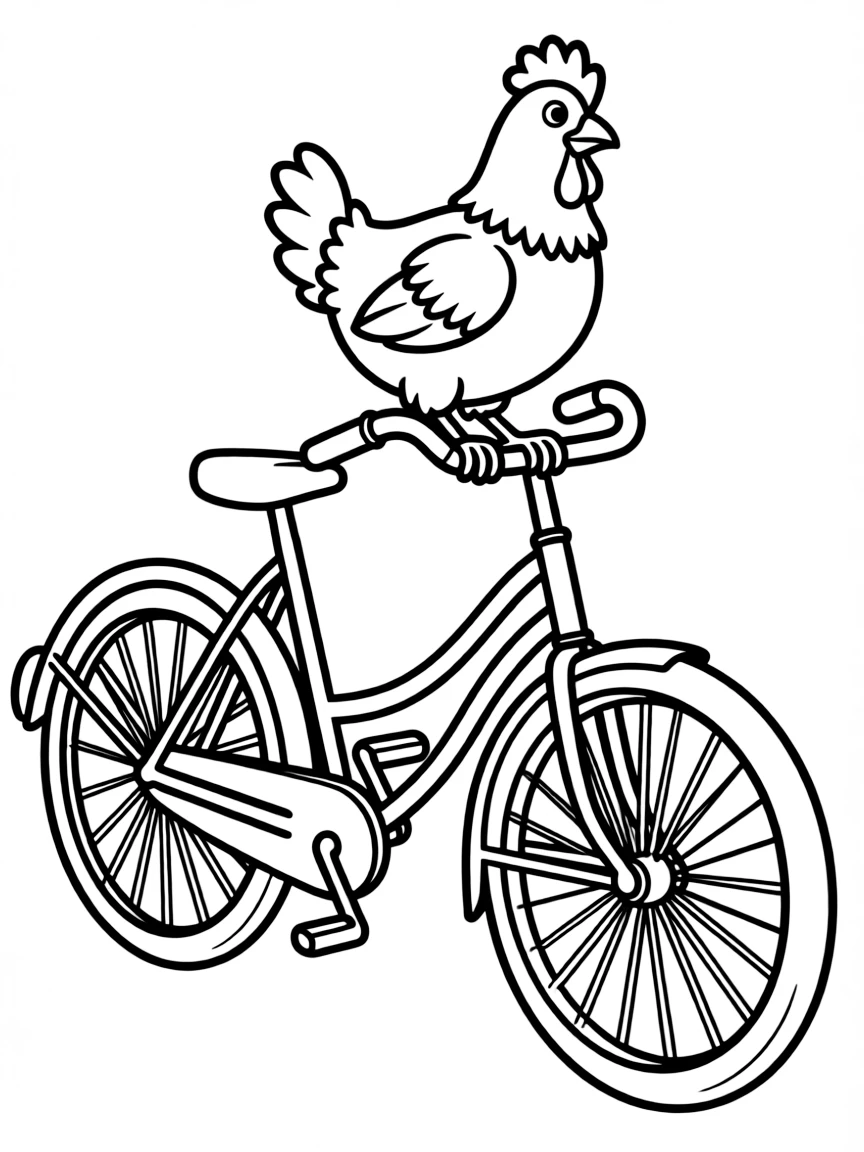 A chicken perched on the handlebars of an old bicycle