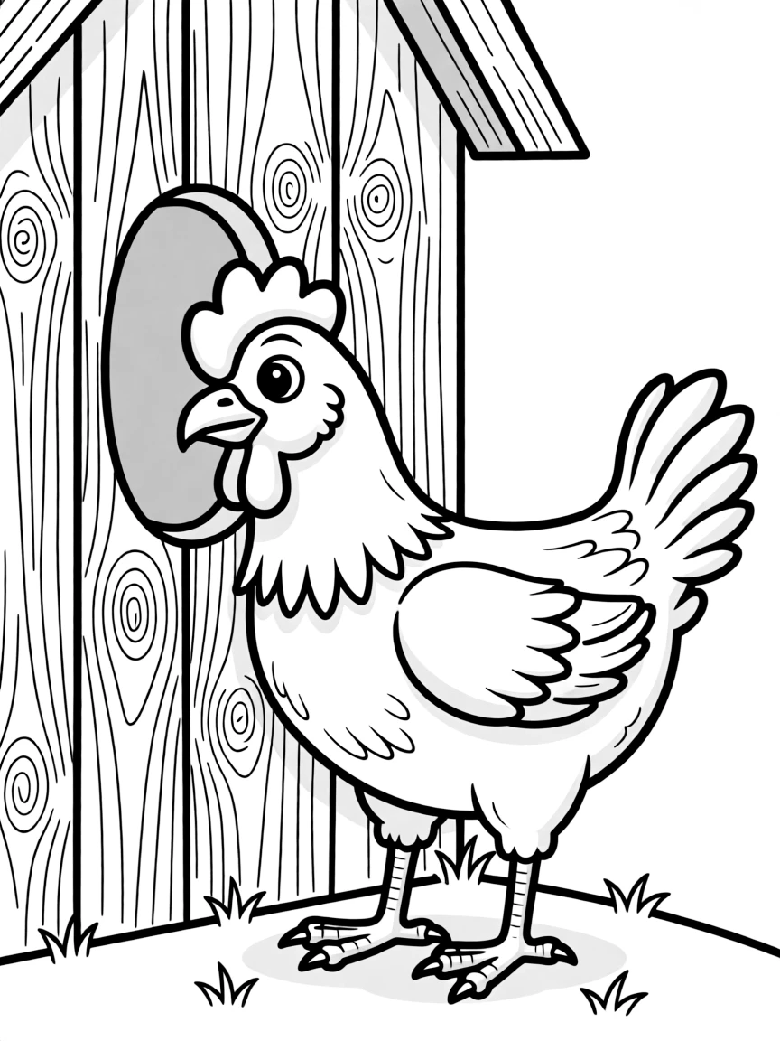 A chicken looking through a knothole in the barn wall