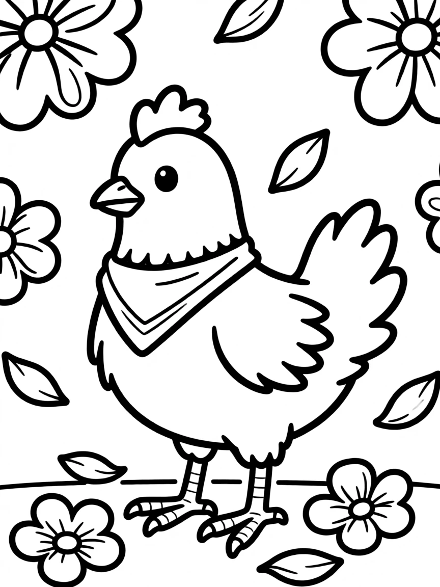 A chicken with a scattering of flower petals around it