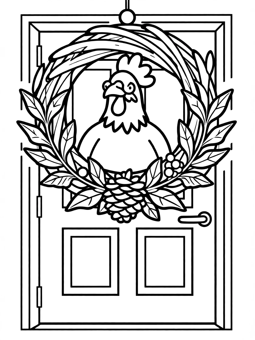 A chicken poking its head through a wreath on a door