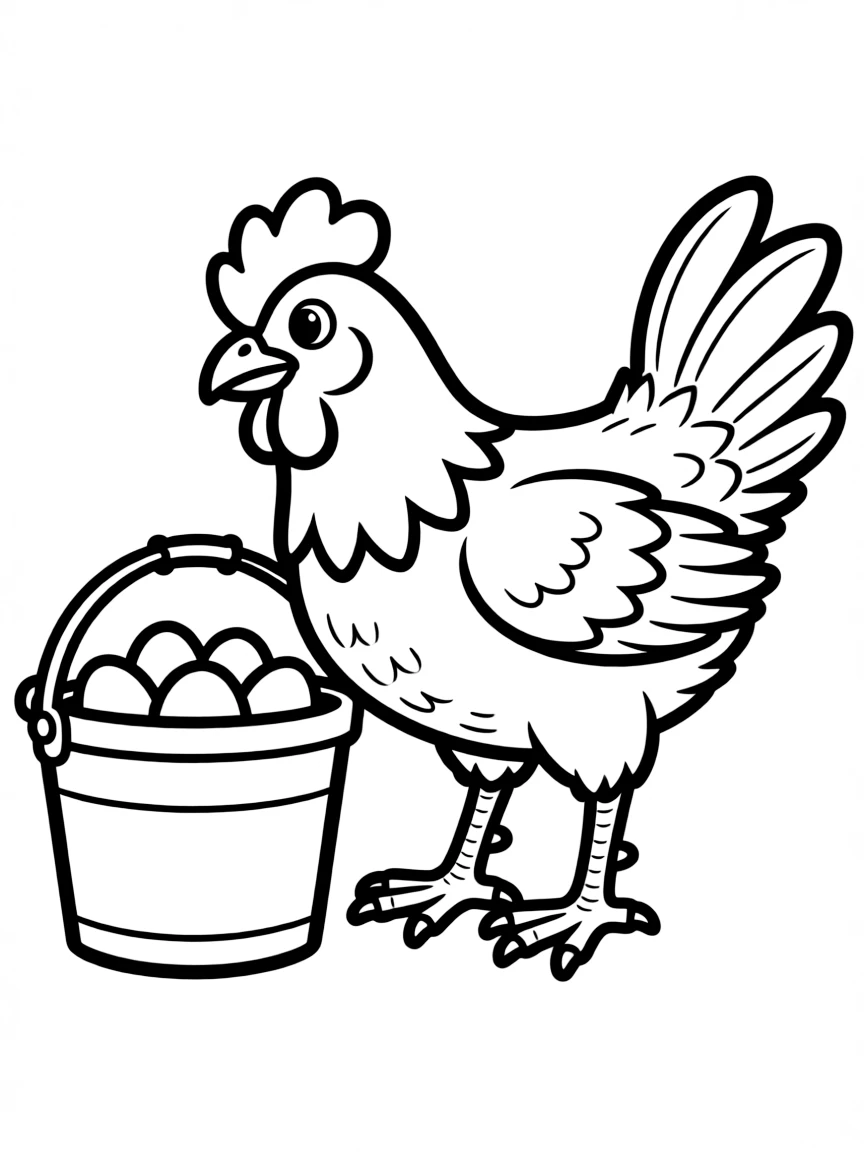 A chicken investigating a bucket of freshly collected eggs