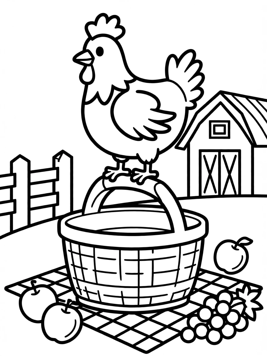 A chicken standing on top of a picnic basket at a farm gathering