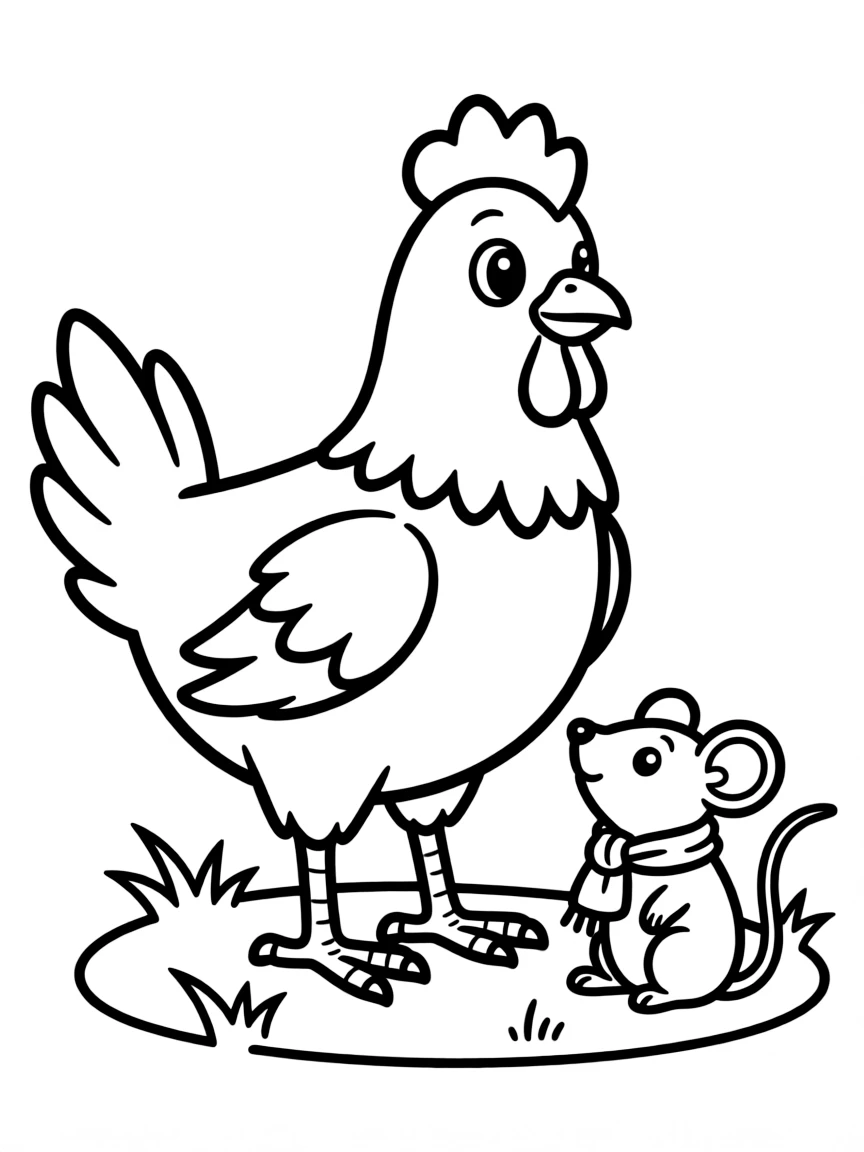 A chicken with a small mouse friend nearby