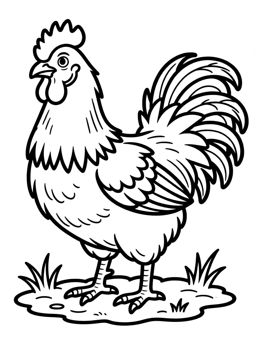 A chicken with its feathers puffed up against the cold