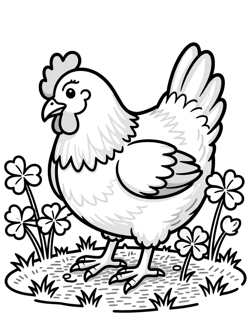 A chicken sitting in a patch of clover looking for insects