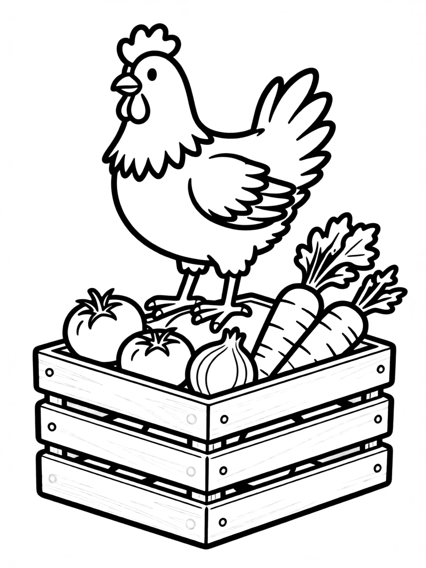 A chicken balancing on a wooden crate of fresh produce