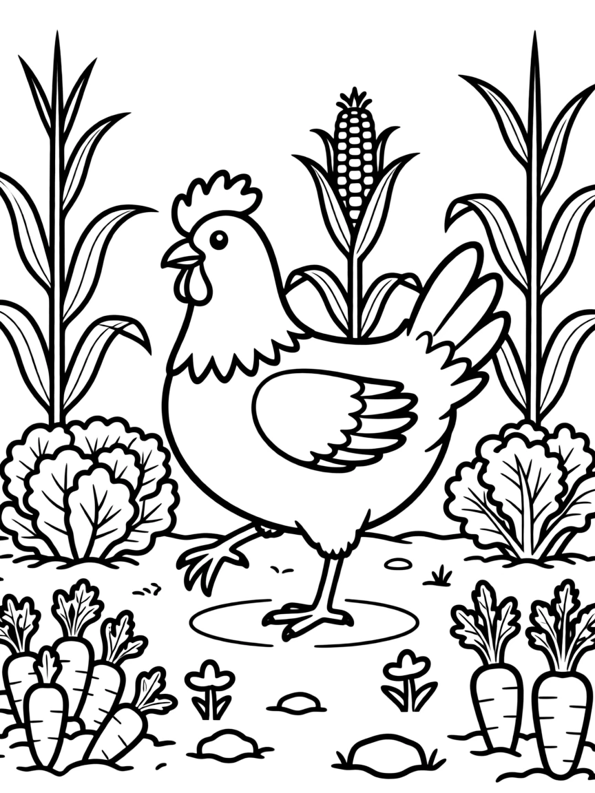 A chicken stepping daintily through a vegetable garden