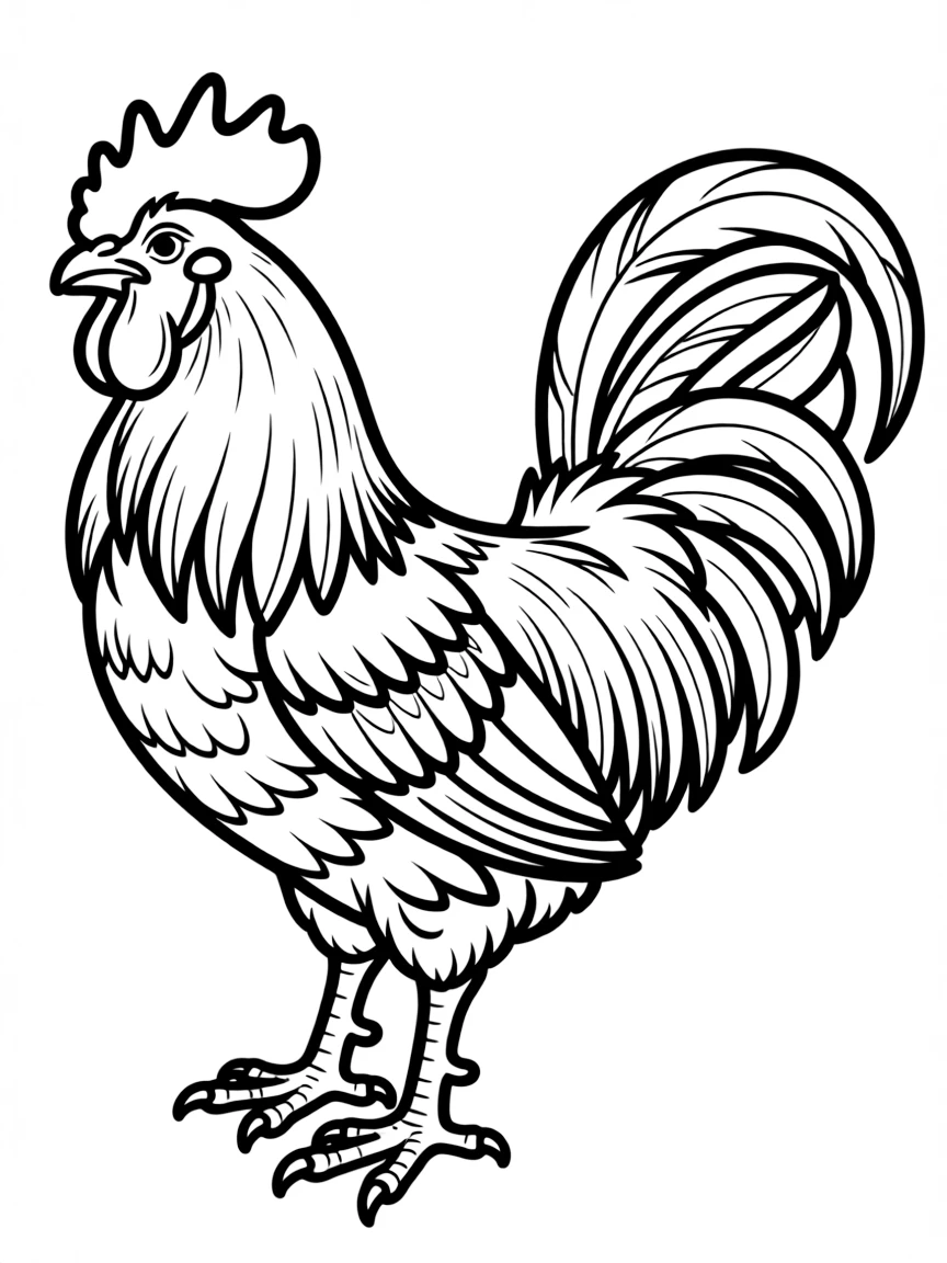 A rooster displayed in profile showing its magnificent feathers