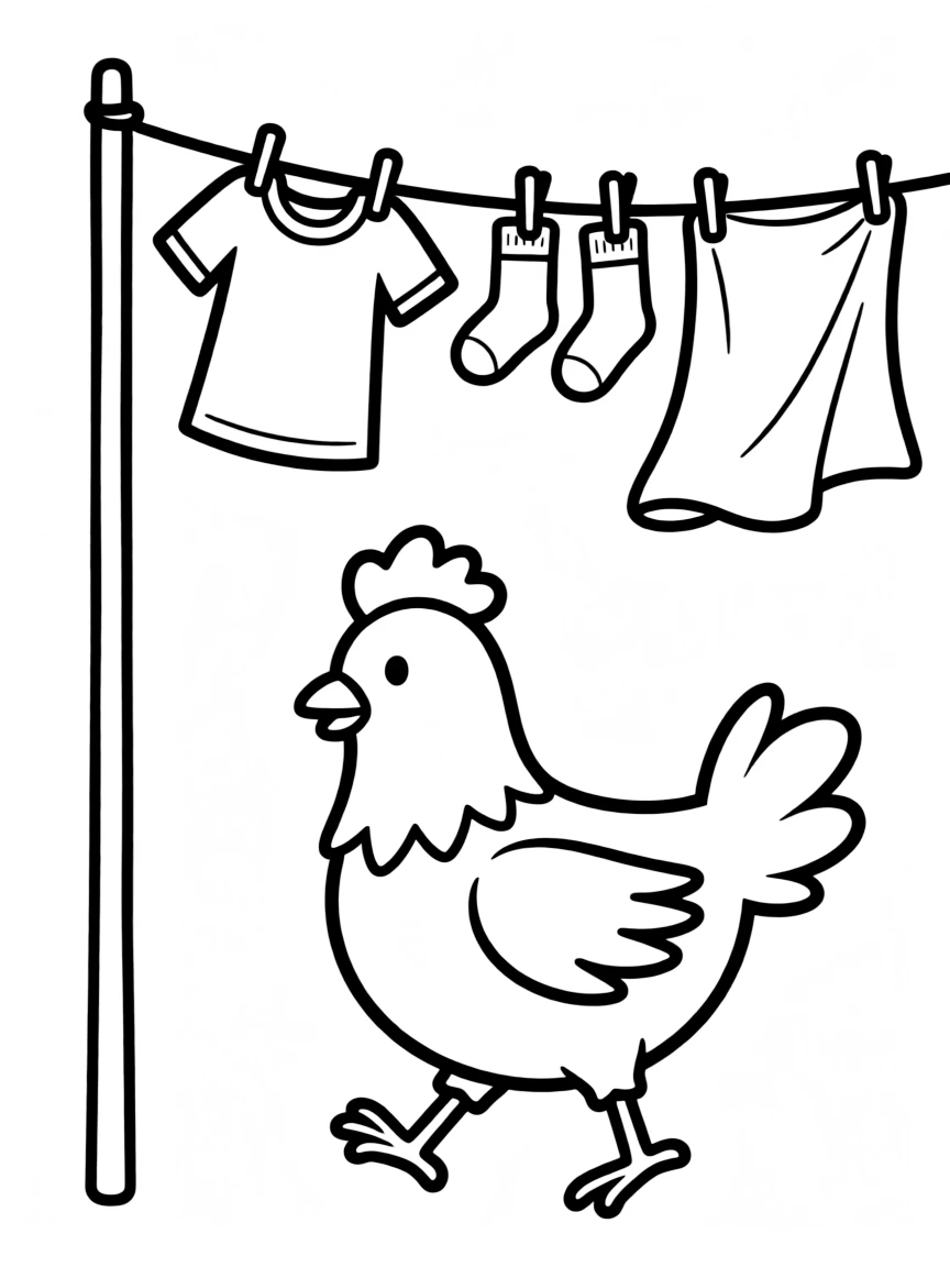 A chicken walking along a clothesline pole with washing hanging