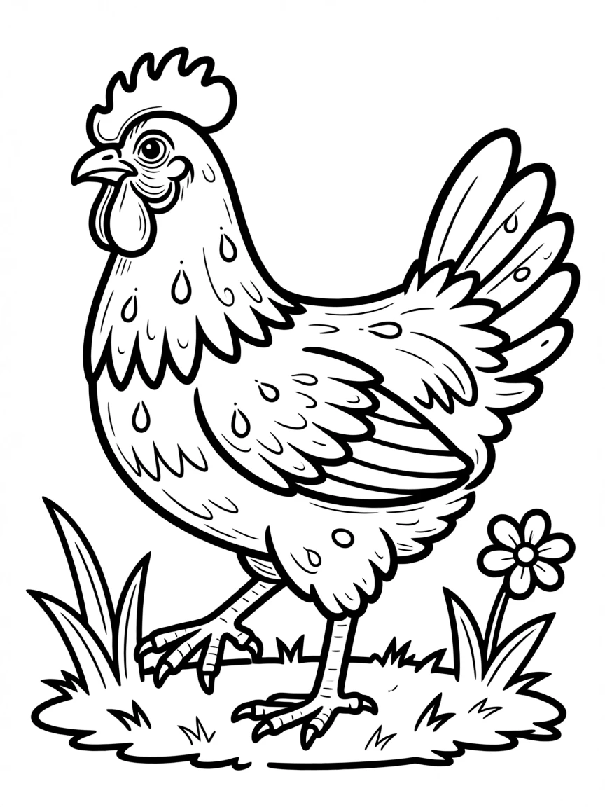 A chicken with feathers glistening with morning dew