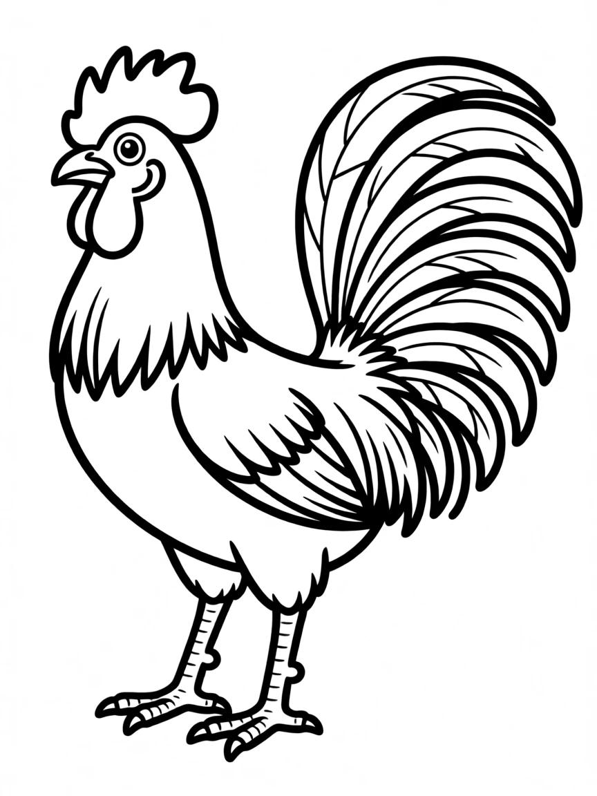 A rooster with elaborate tail feathers fanned out in display