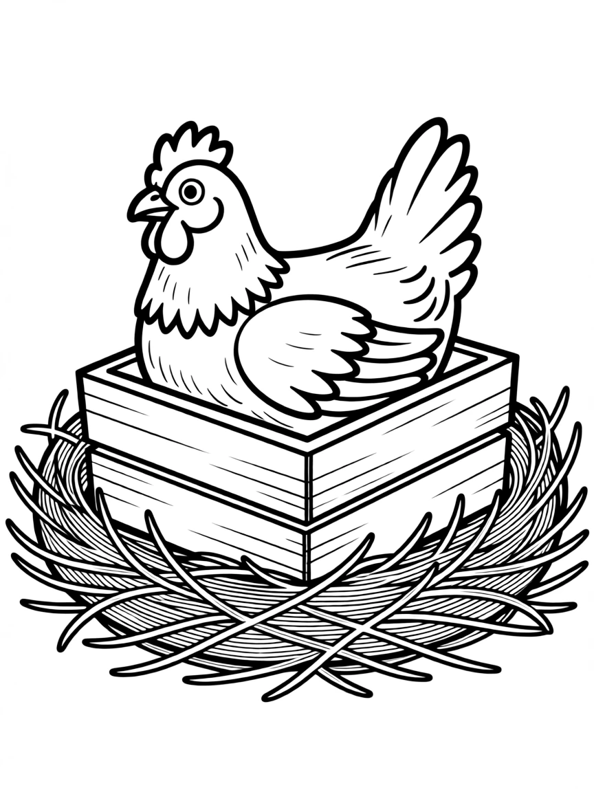 A chicken in a nest box surrounded by fresh straw