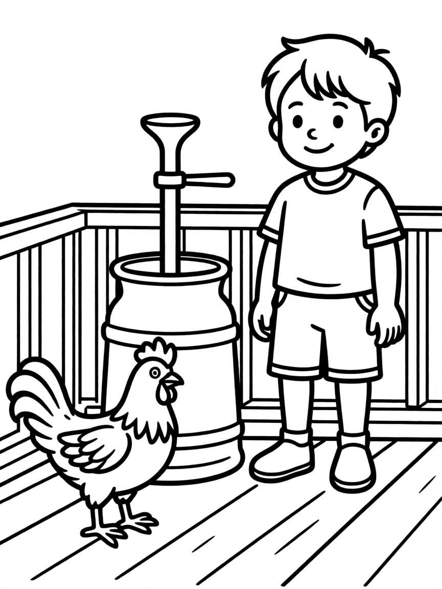 A chicken near a butter churn on the farmhouse porch