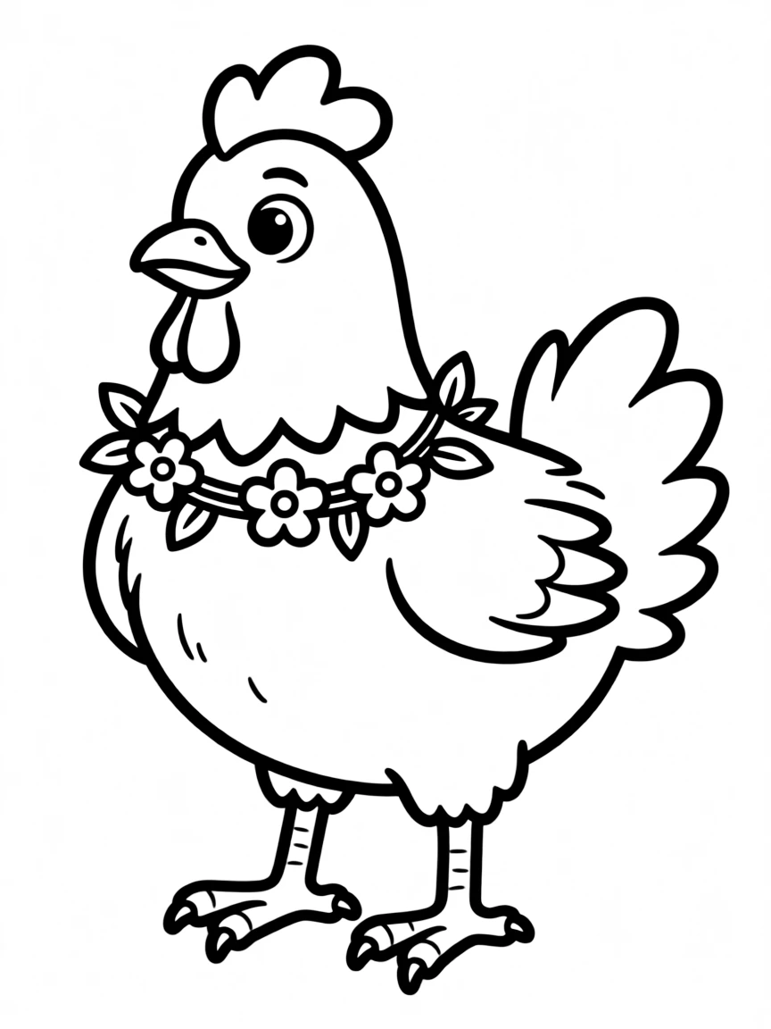 A chicken with a garland of small flowers around its neck