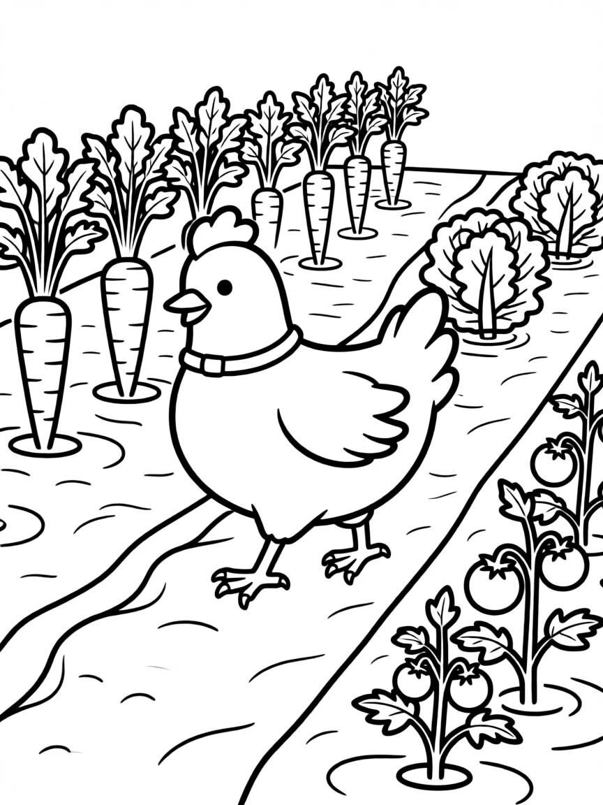 A chicken walking between rows of growing vegetables