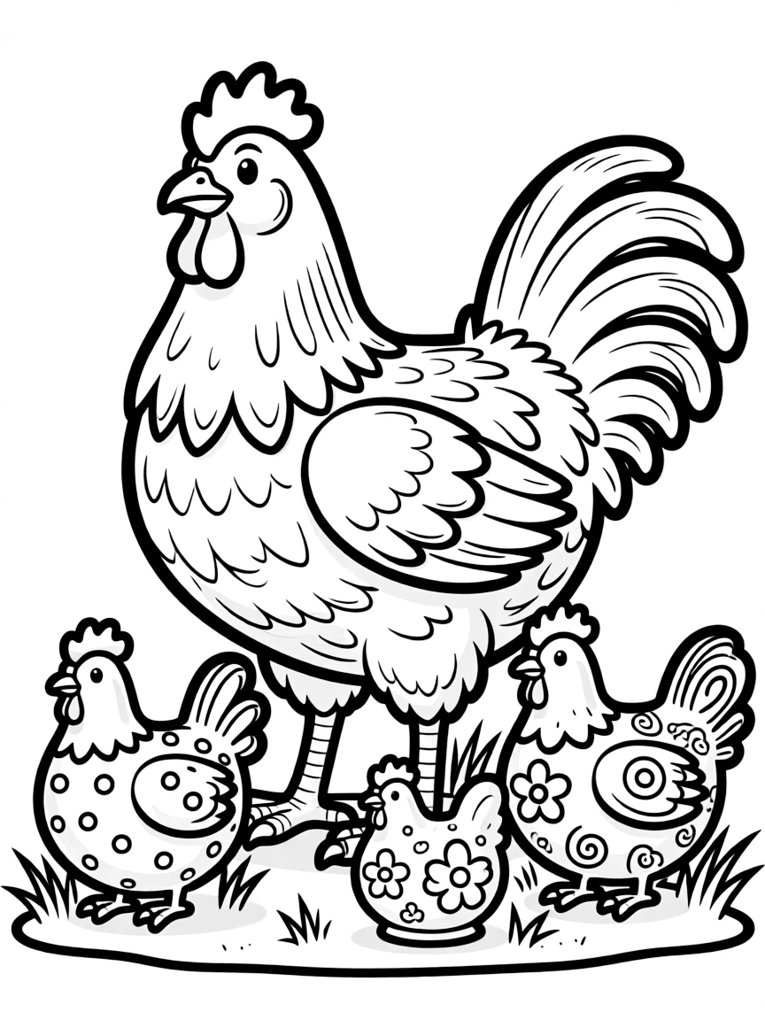 A chicken next to decorative ceramic chicken figurines
