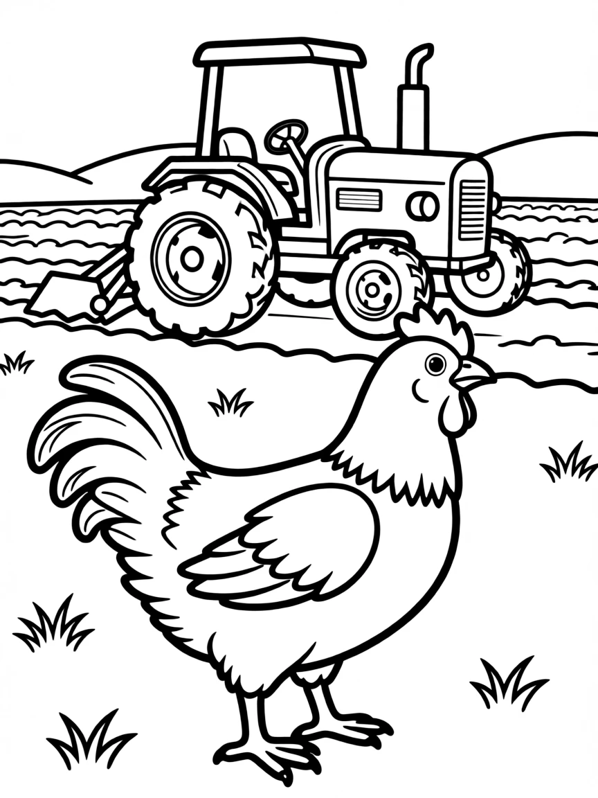A chicken watching a tractor plowing in the distance