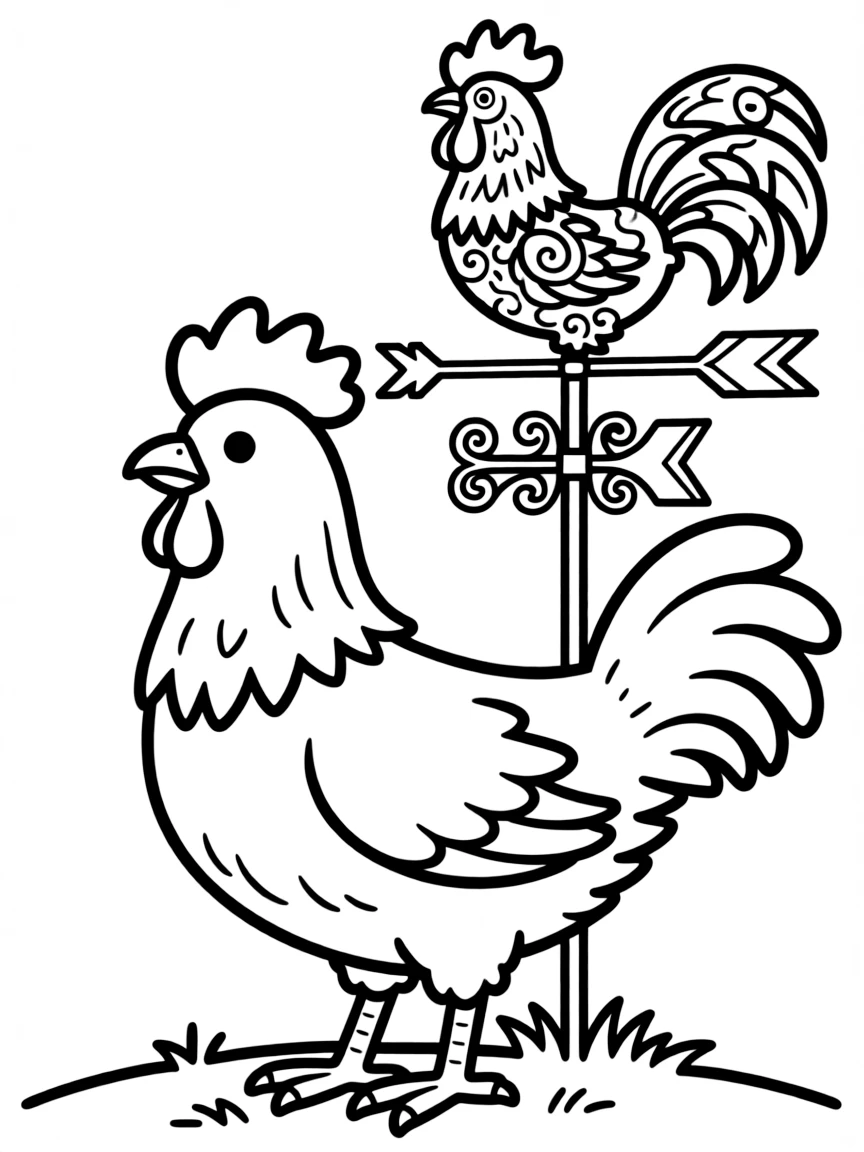 A chicken with an ornate weathervane shaped like a rooster behind it