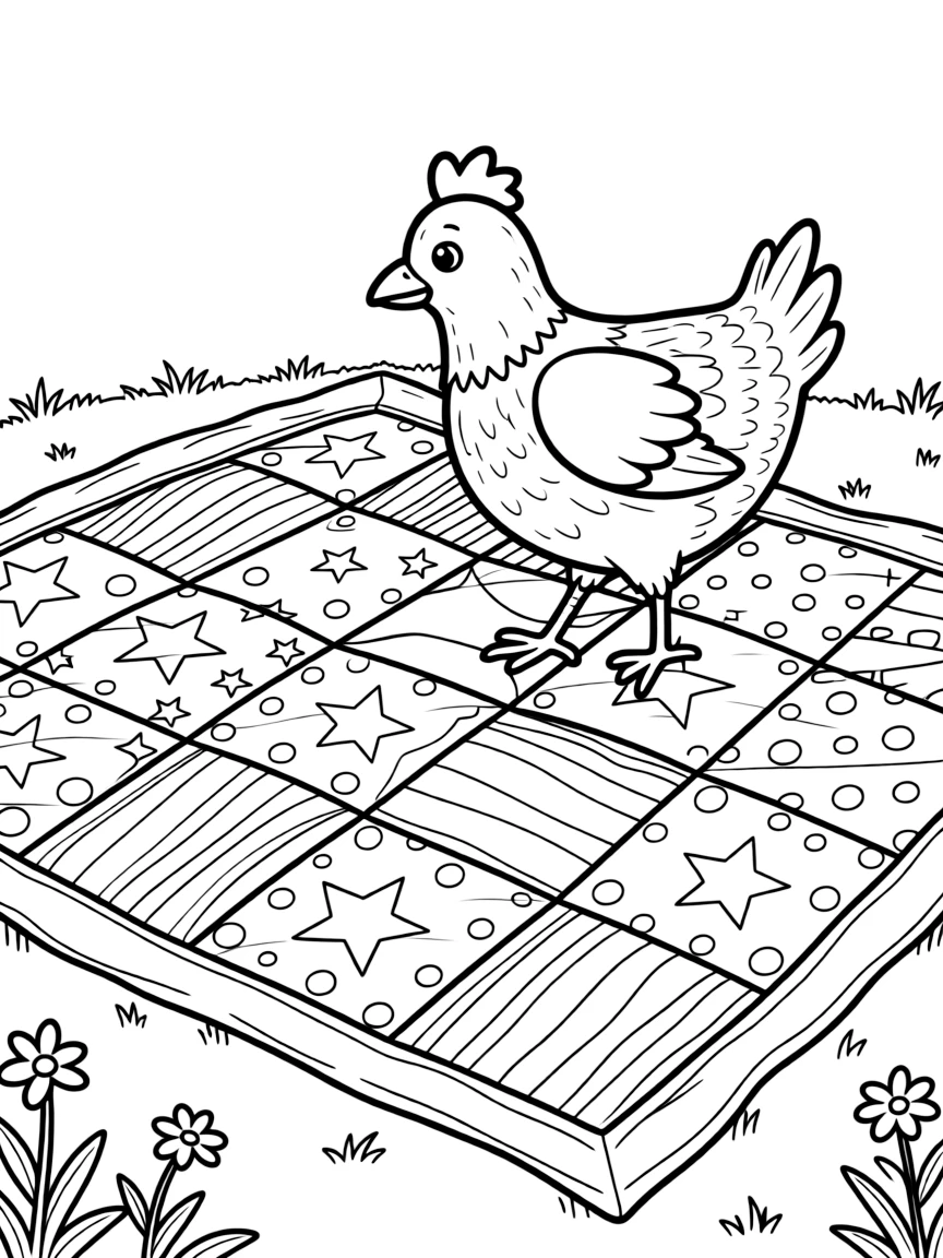 A chicken walking across a quilt laid out to dry in the sun
