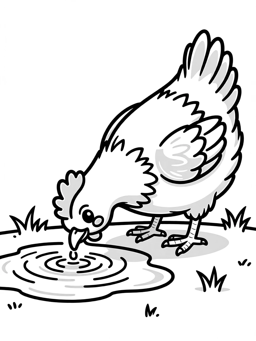 A chicken drinking from a puddle with ripples spreading out