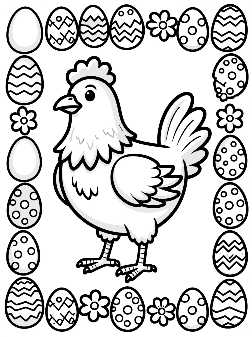 A chicken surrounded by a border of egg motifs and designs
