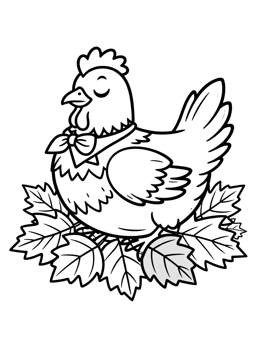 A chicken resting on a pile of autumn leaves
