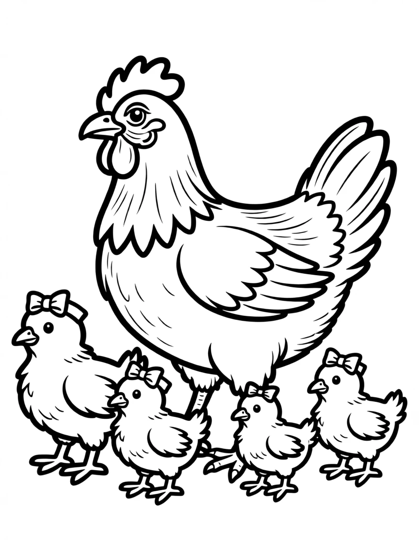 A chicken with its chicks arranged from largest to smallest