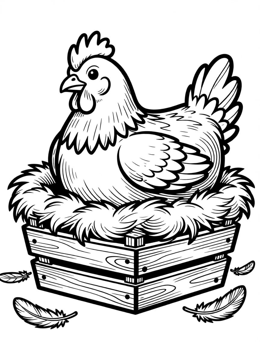 A chicken in a cozy nesting box lined with feathers