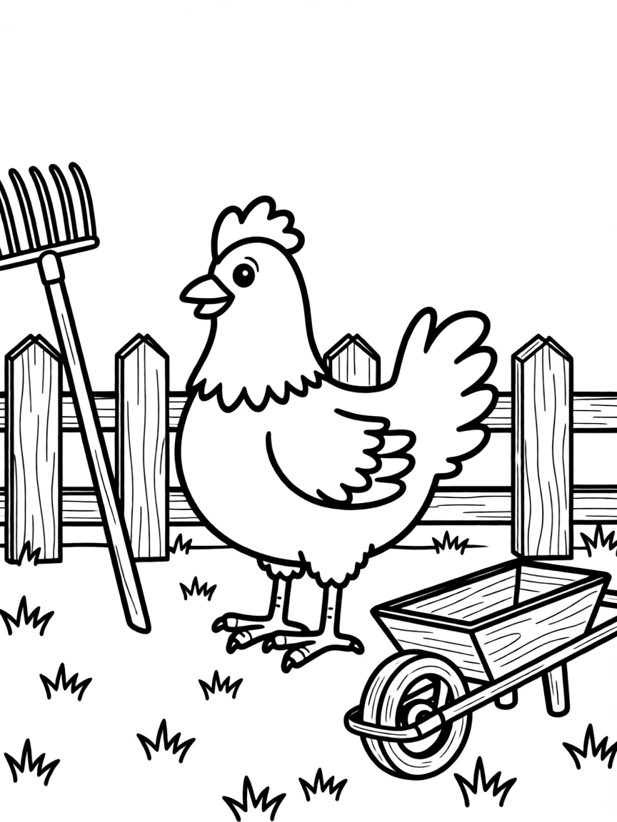 A chicken in a barnyard scene with vintage farming tools