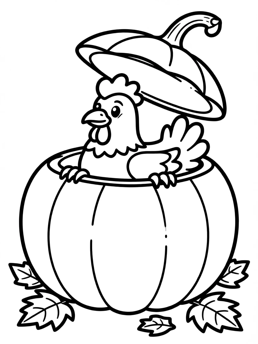 A chicken perched in a hollowed-out pumpkin in fall