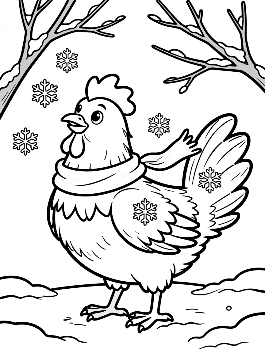A chicken with snowflakes landing on its back in winter